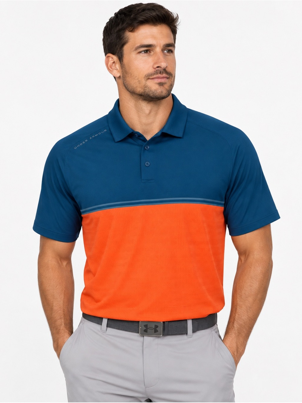Under Armour HeatGear Men’s Golf Polo Blue Orange Colorblock XL
